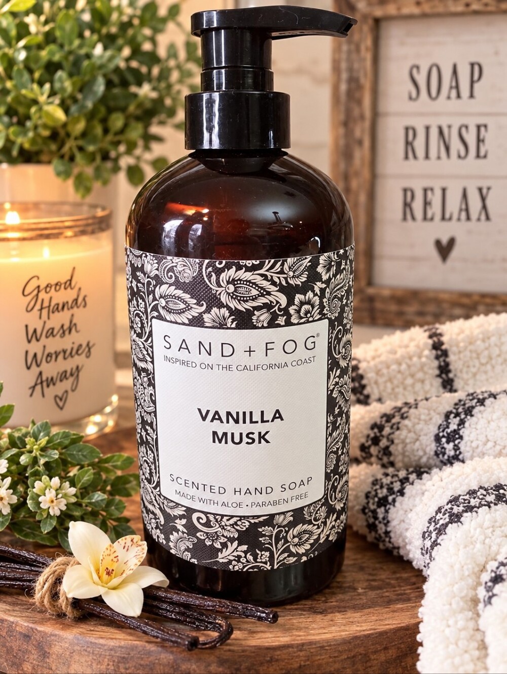 Sand + Fog Vanilla Musk Scented Hand Soap Aloe Paraben Free Floral Bottle
